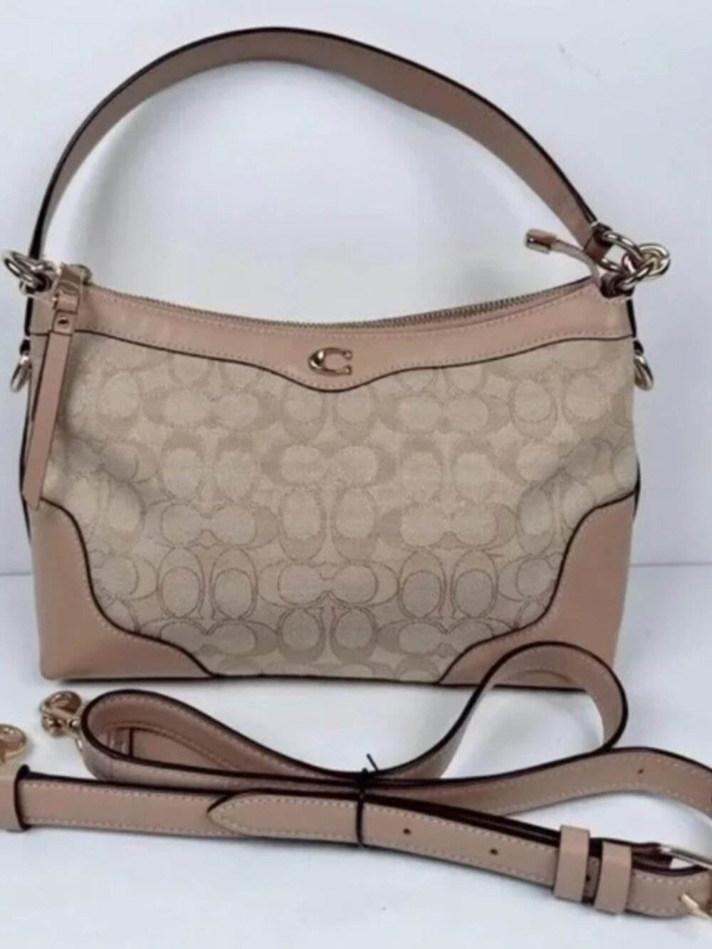Coach Ivie Hobo Signature Jacquard/Leather Handbag Khaki